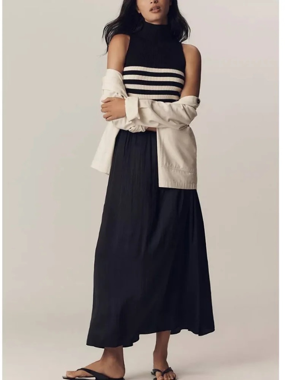 Anthropologie Thea Black Maxi Dress with Cream Stripe Bodicee
